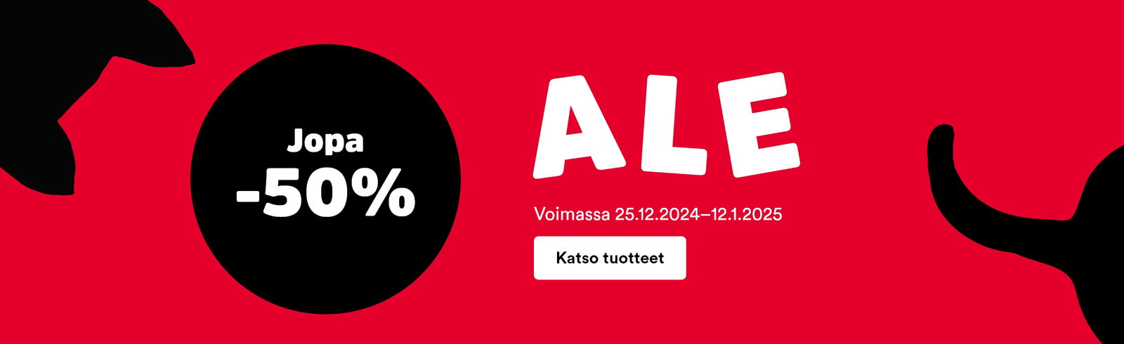 Jouluale valitut tuotteet jopa -50 % kissojen kampanja sivulla.