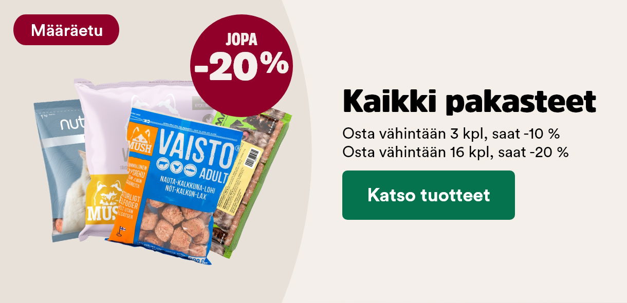 Kaikki pakasteet jopa -20%. Osta vähintään 3kpl, saat -10%. Osta vähintään 16kpl, saat -20%. 