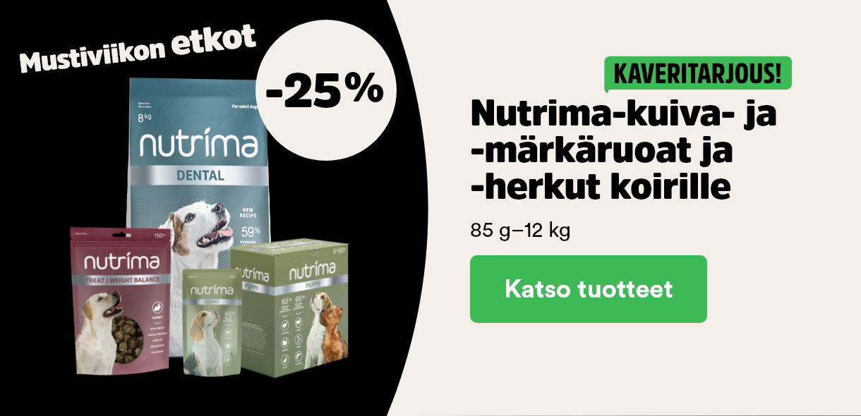 Mustiviikon etkot! -25 % Nutrima-kuiva- ja märkäruoat ja -herkut. Katso tuotteet.