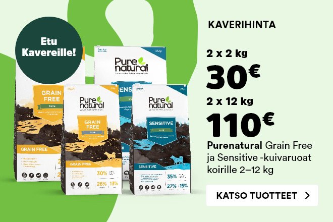 Purenatural Grain Free & Sensitive -koiran kuivaruoat 2 x 2kg 30€ ja 2 x 12kg 110€