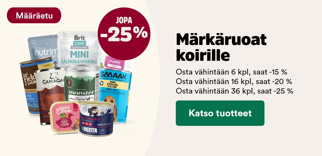 Märkäruoat koirille jopa -25%. Osta vähintään 6kpl, saat -15%. Osta vähintään 16kol, saat -20%. Osta vähintään 36kpl, saat vähintään -25%. 