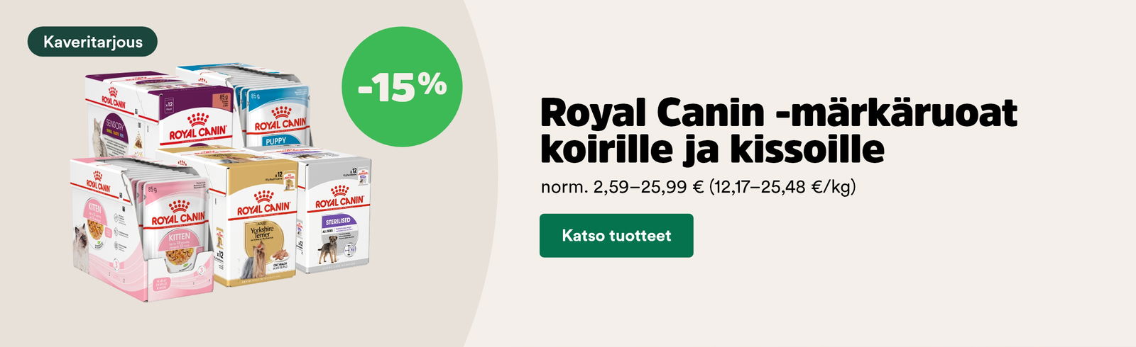 -15% Royal Canin märkäruoat koirille ja kissoille. Katso tuotteet!