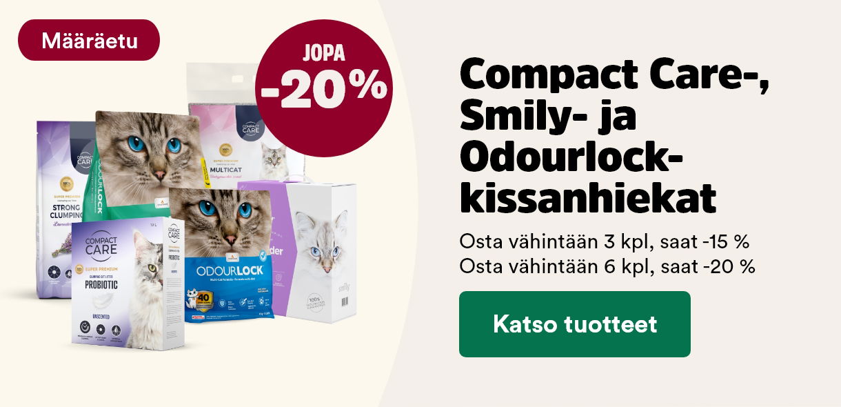 Määräetu! Compact Care, Smily ja OdourLock kissanhiekat 3 kpl -15% TAI 6 kpl -20%. Katso tuotteet