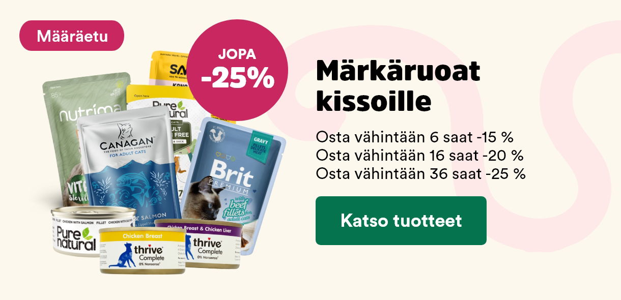 Määräetu! Märkäruoat kissoille, osta vähintään 6kpl saat -15%. Katso kaikki tuotteet!