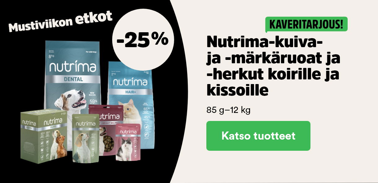 Mustiviikon etkot! -25 % Nutrima-kuiva- ja märkäruoat ja -herkut. Katso tuotteet.