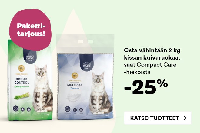 Osta vähintään 2 kg kissan kuivaruokaa, saat Compact Care -kissanhiekan -25 %