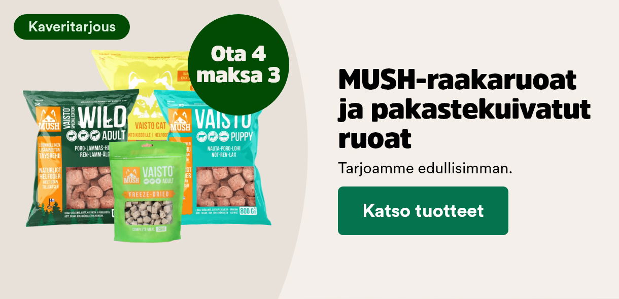 Ota 4 maksa 3 MUSH-raakaruoat ja pakastekuivatut ruoat. Katso tuotteet.