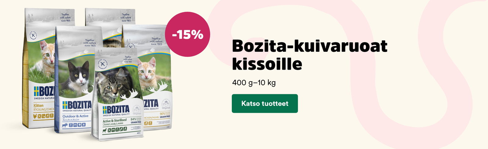 -15 % Bozita-kuivaruoat kissoille. Voimassa 20.7. asti. Katso tuotteet.