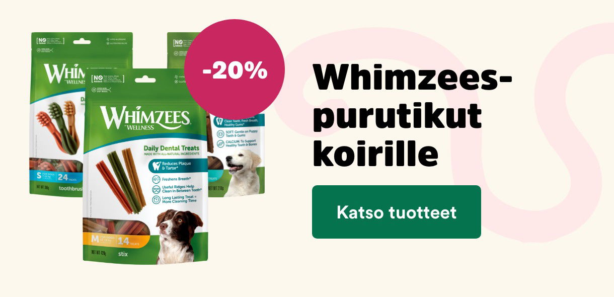 -20 % Whimzees-purutikut koirille. Katso tuotteet.