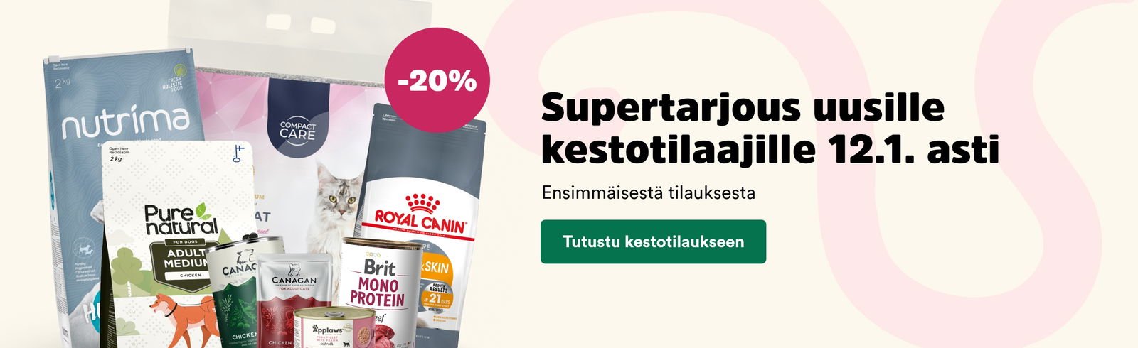 Kestotilaus tarjous banneri kissat sivulla.