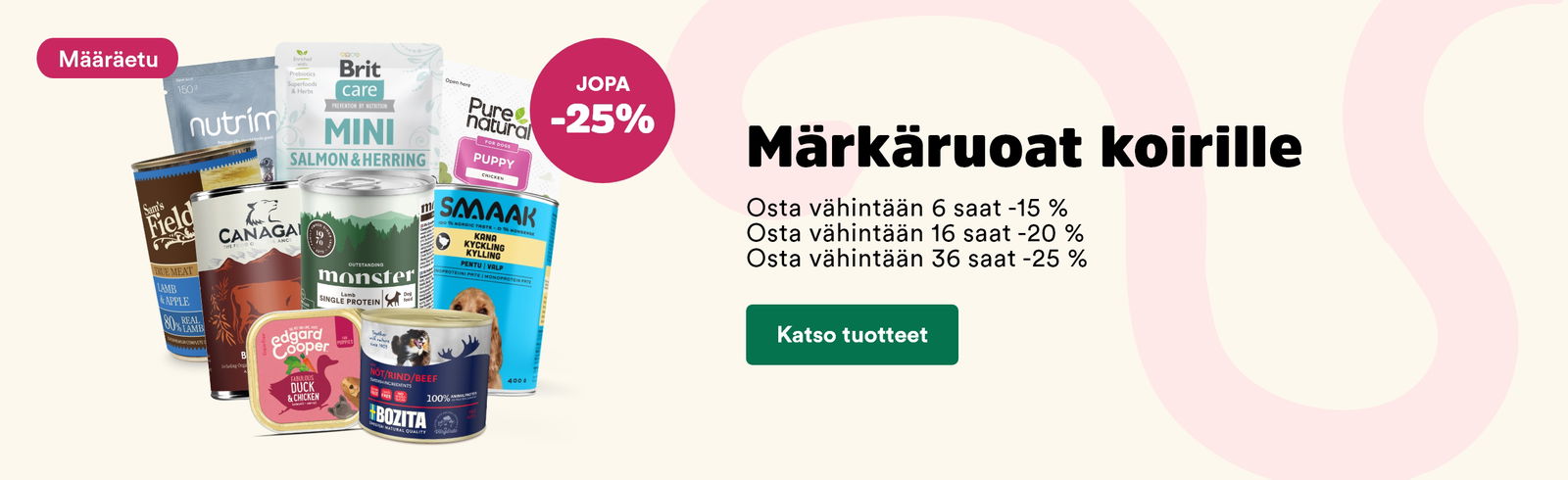 Määräetu: märkäruoat koirille, osta vähintään 6, saat -15, osta vähintään 16, saat -20 %, Osta vähintään 36, saat -25 %