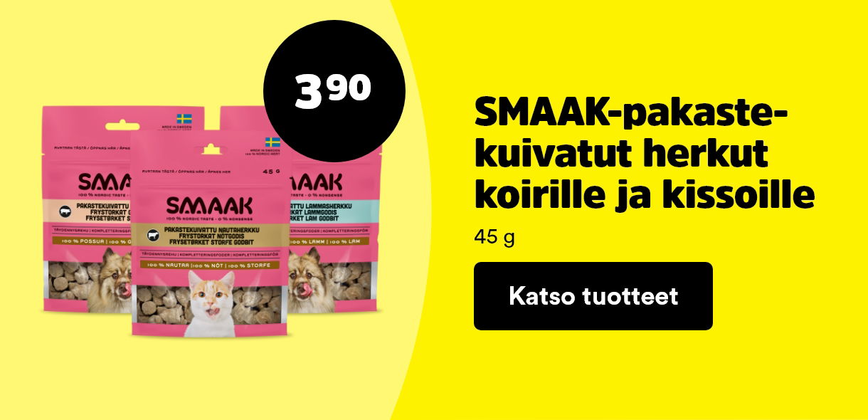  3,90 &euro; SMAAK-pakastekuivatut herkut koirille ja kissoille. Haukutut kampanja tarjoukset voimassa 11.-22.3.2026. Katso tuotteet!