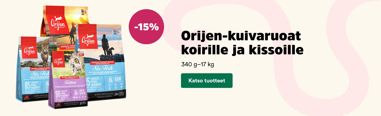 -15 % Orijen-kuivaruoat koirille ja kissoille. Voimassa 20.7. asti. Katso tuotteet.