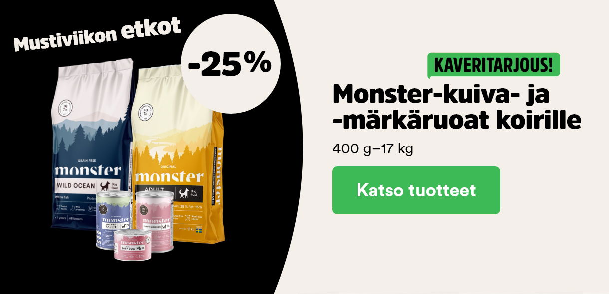 Mustiviikon etkot! -25% Monster-kuiva- ja märkäruoat kissoille. Katso tuotteet.