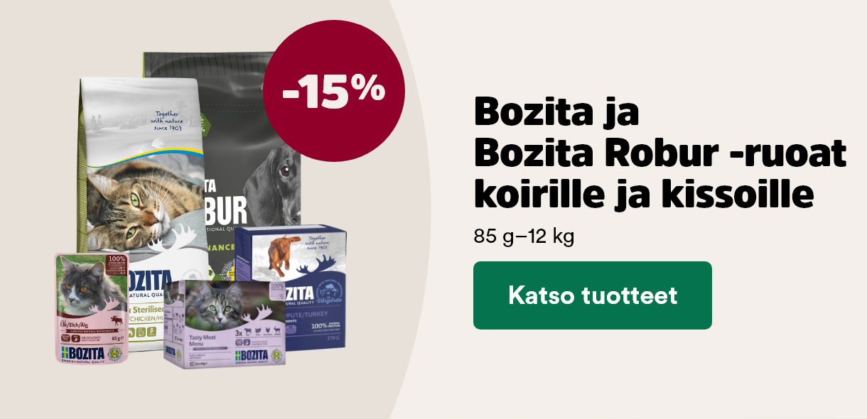 -15 % Bozita ja Bozita Robur -kuiva ja m&auml;rk&auml;ruoat. Katso tuotteet.
