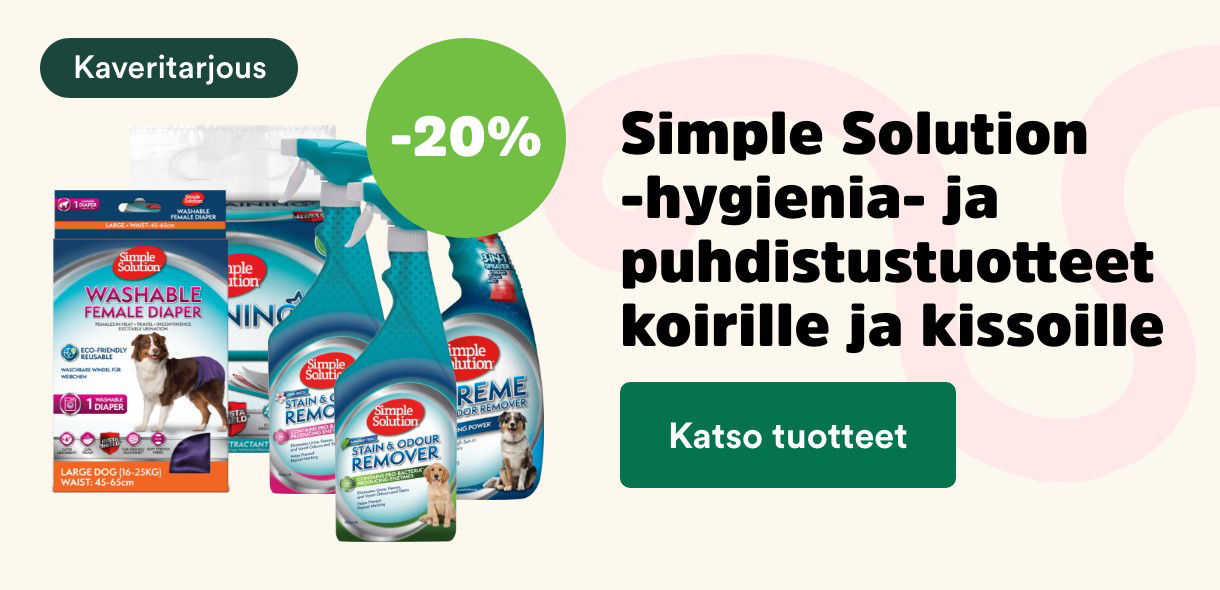 -20 % Simple Solution hygienia- ja puhdistustuotteet koirille ja kissoille. Katso tuotteet!