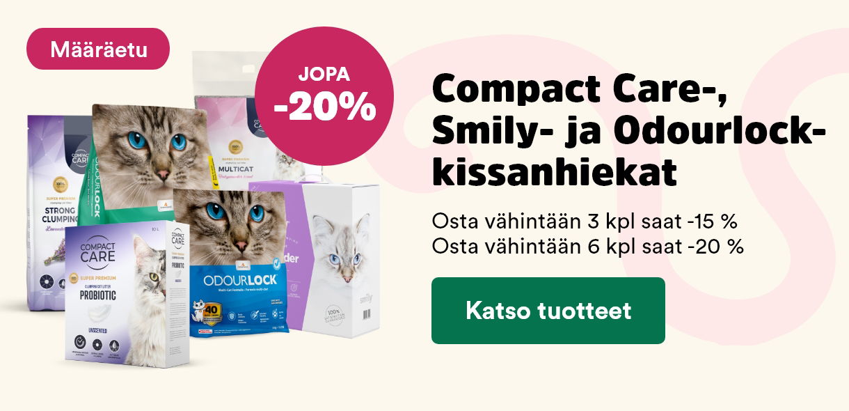 Compact Care-, Smily- ja Odourlock-kissanhiekat ota 3, saat -15 %, ota 6, saat -20 %