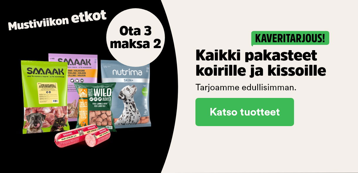 Mustiviikon etkot! Ota 3 maksa 2 kaikki pakasteet koirille ja kissoille. Katso tuotteet.