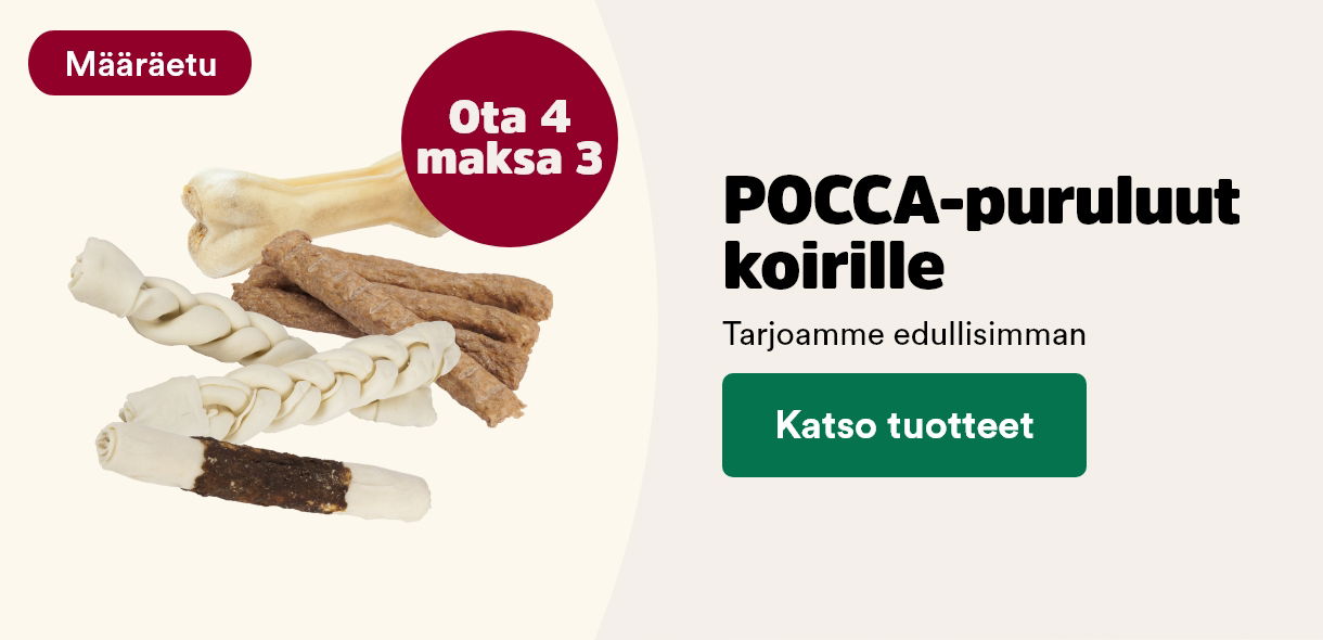 Määräetu! Pocca-puruluut koirille ota 4 maksa 3. Katso tuotteet.