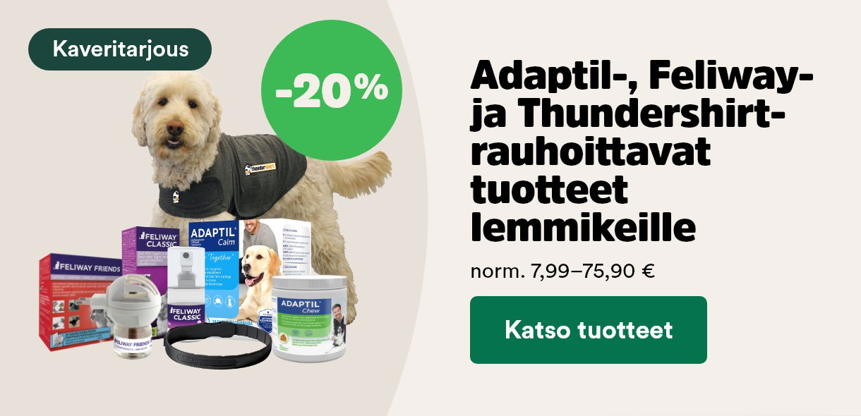 -20 % Adaptil, Feliway ja Thundershirt. Katso tuotteet!