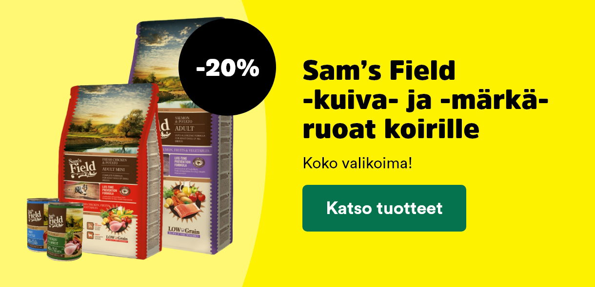 -20 % Sams Field kuiva- ja märkäruoat koirille. Katso tuotteet!