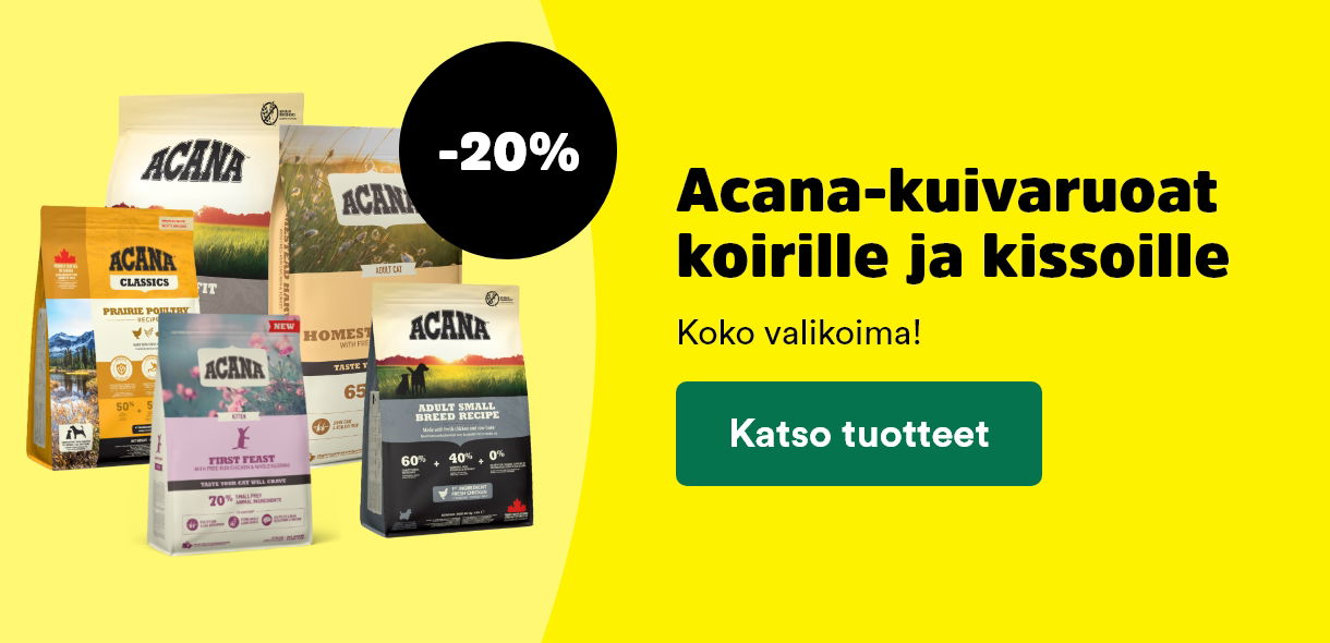 Acana kuivaruoat kissoille ja koirille -20 %. Katso tuotteet.