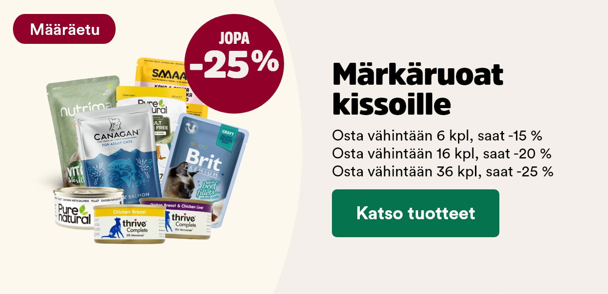 Määräetu! Märkäruoat kissoille, osta vähintään 6kpl saat -15%. Katso kaikki tuotteet!