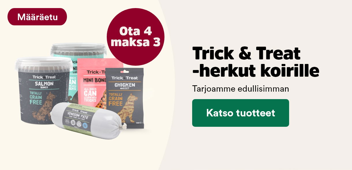 Määräetu! Trick & Treat herkut koirille ota 4 maksa 3. Katso tuotteet.