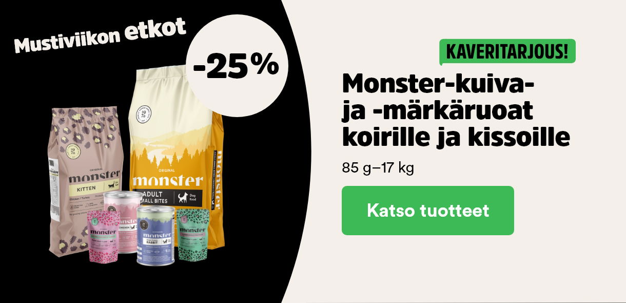 Mustiviikon etkot! -25% Monster-kuiva- ja märkäruoat. Katso tuotteet.