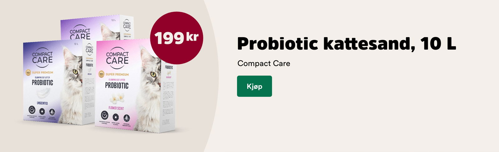musti.no startside katt k10 Compact Care Probiotic kattesand 199,-