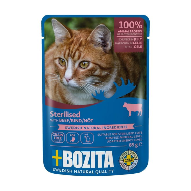 Bozita Indoor & Sterilised okse i gelé, 85 g