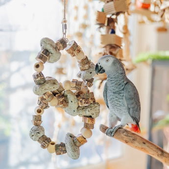 Quapas! H&auml;ngande F&aring;gelleksak i Lavasten och Tr&auml; 43x20 cm