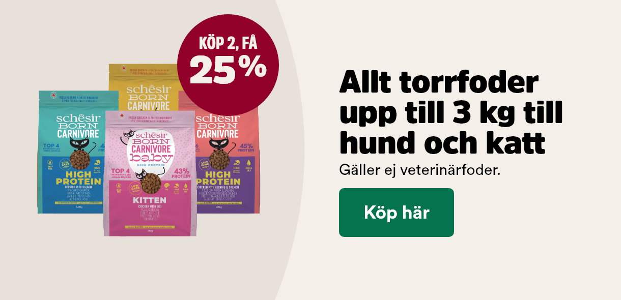 25% vid k&ouml;p av tv&aring; sm&aring; p&aring;sar torrfoder till hund och katt t o m 28/6 - visa produkter