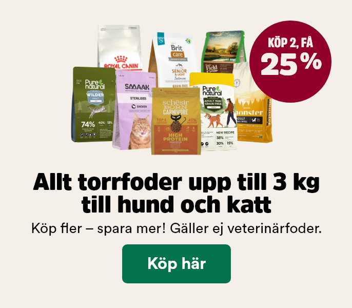 25% vid k&ouml;p av tv&aring; sm&aring; p&aring;sar torrfoder till hund och katt t o m 28/6 - visa produkter