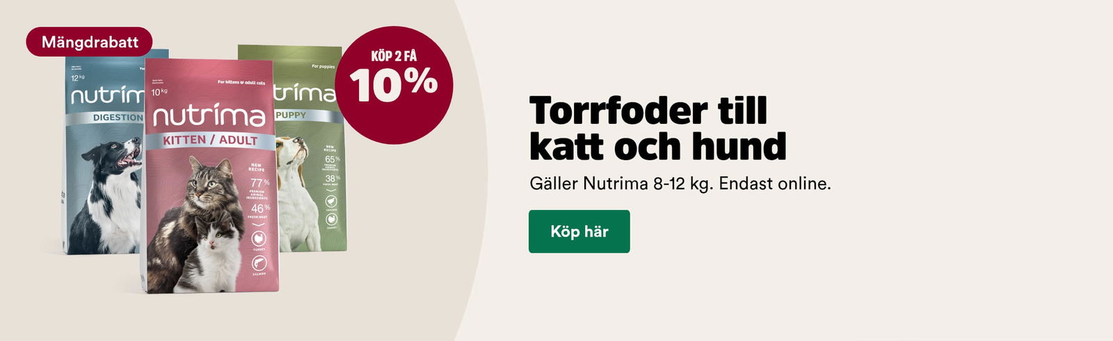 Mängdrabatt på Nutrima torrfoder till katt och hund stora säckar