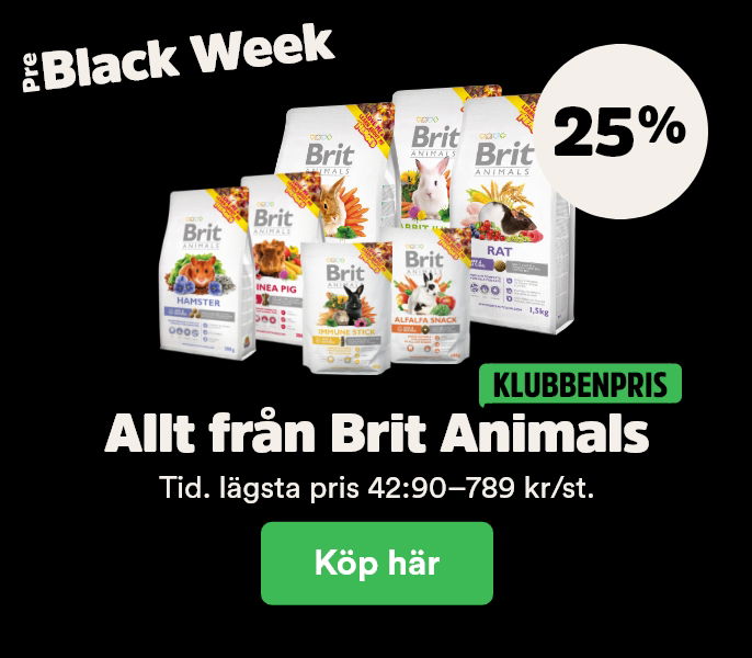 25% på Brit Animals till smådjur för klubbenmedlemmar t o m 23/11. köp här