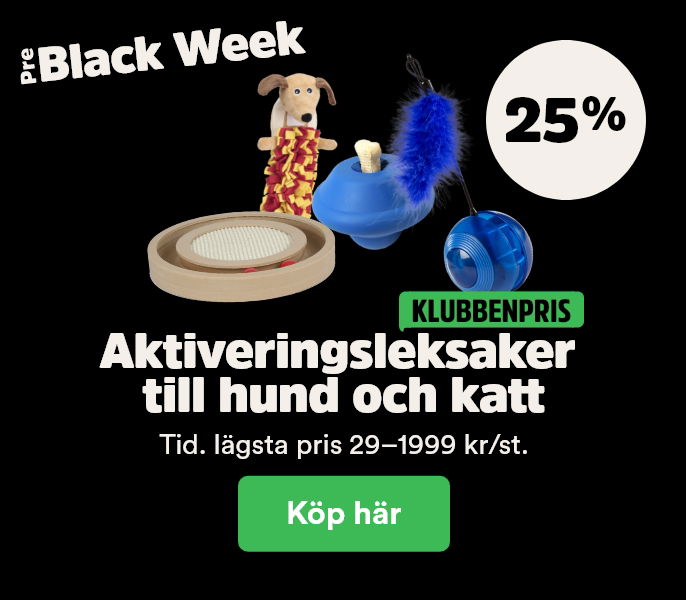 25% på aktiveringsleksaker till hund och katt för klubbenmedlemmar t o m 23/11. köp här