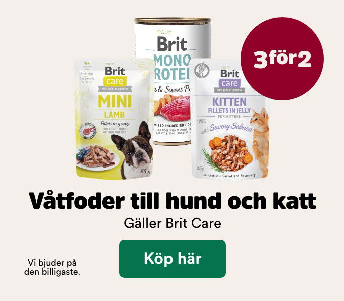 3 f&ouml;r 2 p&aring; Brit Care v&aring;tfoder till hund och katt t o m 29/3. K&ouml;p h&auml;r