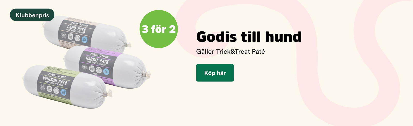 3 för 2 på Trick&Treat paté hundgodis t o m 30/9 2025, visas på Arken Zoo valp