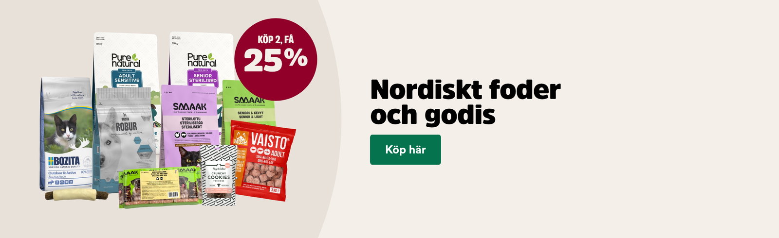K&ouml;p 2 f&aring; 25% rabatt p&aring; Nordiskt foder och godis till hund och katt, visa produkter