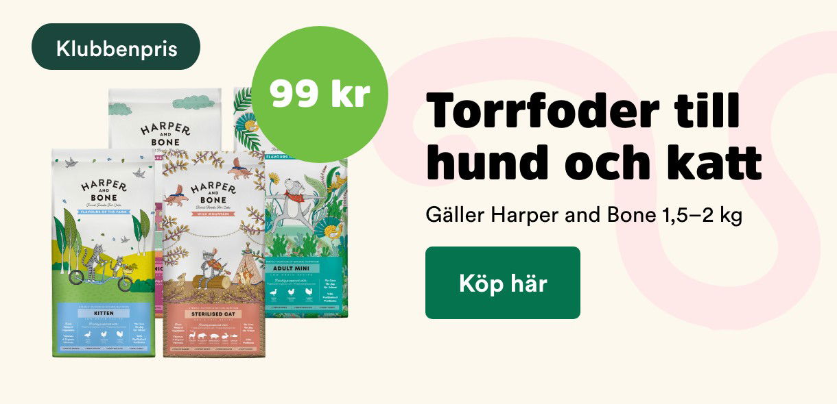 99 kr för Harper and Bone småpåsar torrfoder till hund och katt. 1,5-2 kg, gäller Klubbenmedlemmar t o m 31/10