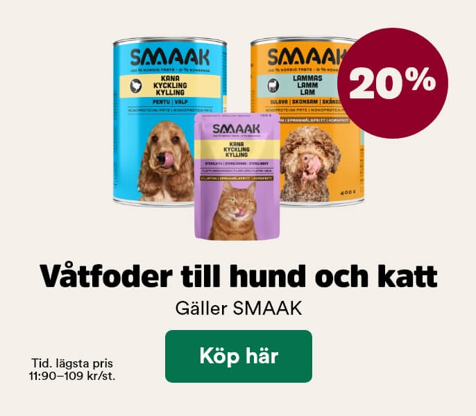 20% p&aring; SMAAK v&aring;tfoder till hund och katt t o m 3 maj, visa produkter