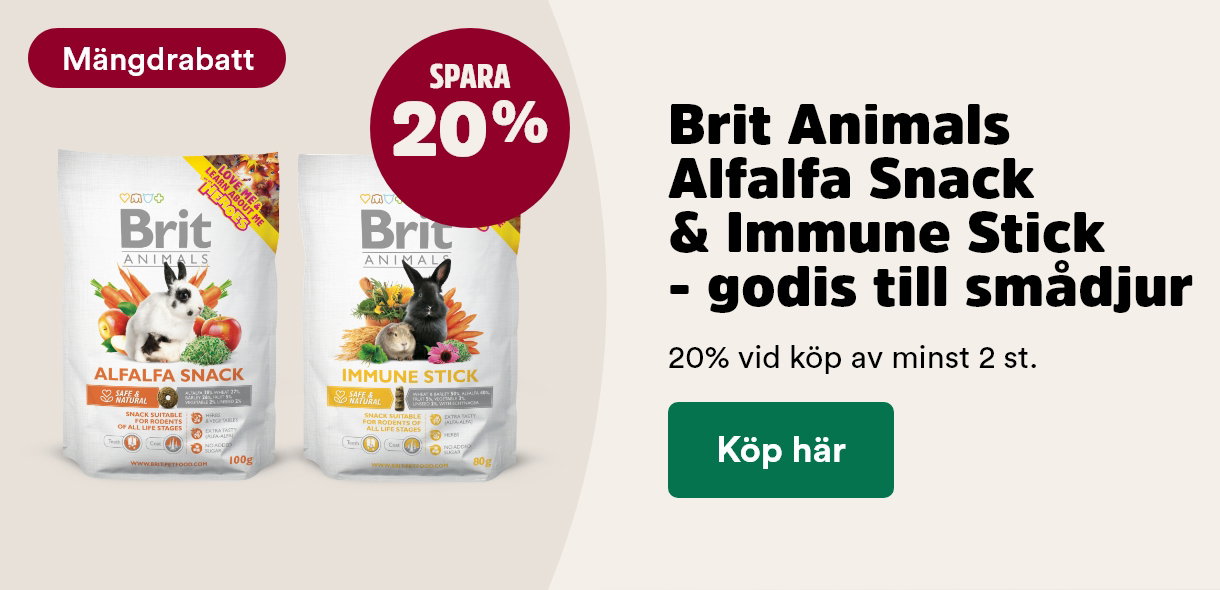 M&auml;ngdrabatt p&aring; utvalda Brit Animals godis till sm&aring;djur, k&ouml;p minst 2 och f&aring; 20% rabatt