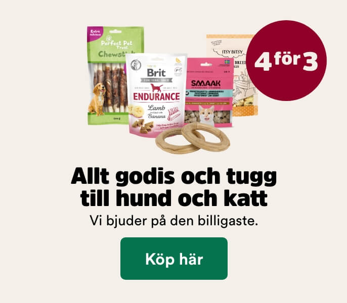 4 f&ouml;r 3 p&aring; allt godis till hund & katt t o m 30/8 - k&ouml;p h&auml;r