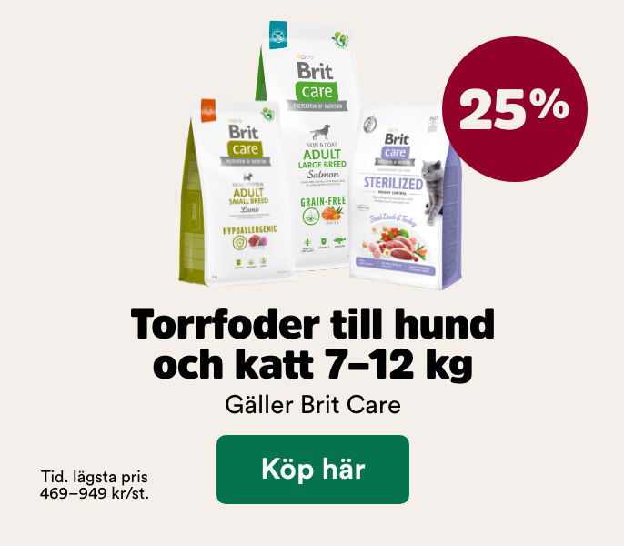 25% p&aring; Brit Care stora p&aring;sar torrfoder till hund och katt t o m 29/3. K&ouml;p h&auml;r