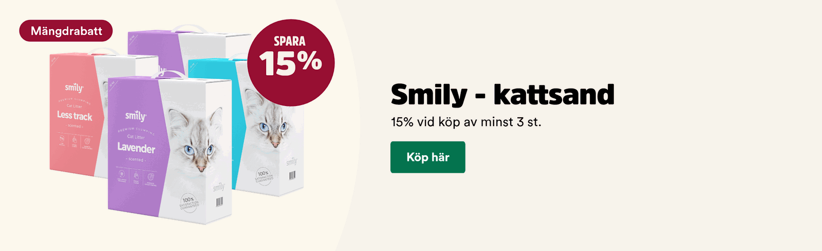 M&auml;ngdrabatt p&aring; Smily kattsand 15% vid k&ouml;p av minst 3 - till Smily