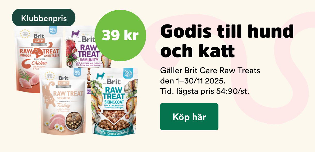 39 kr för Brit Care Raw treats godis till hund och katt för Klubbenmedlemmar t o m 30/11 2025 - visa produkter