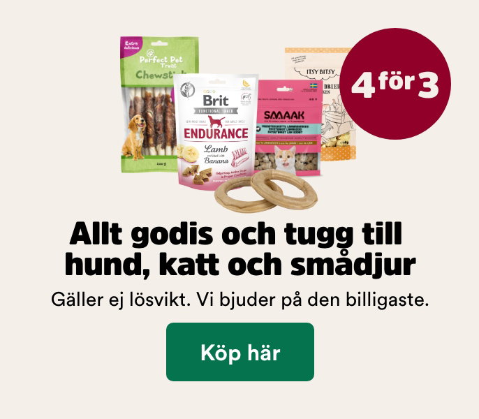 4 f&ouml;r 3 p&aring; godis och tugg till hund, katt & sm&aring;djur t o m 1 november