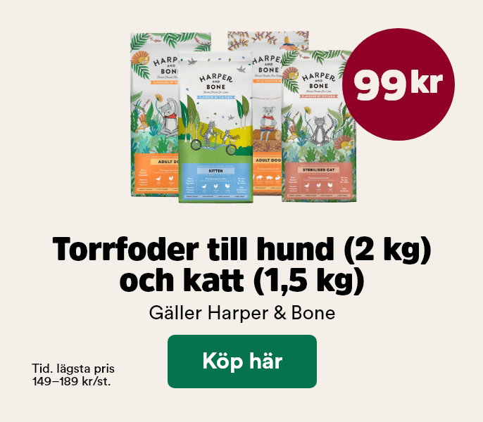 99 kr f&ouml;r sm&aring; p&aring;sar Harper and Bone torrfoder till hund och katt t o m 31 maj, visa produkter
