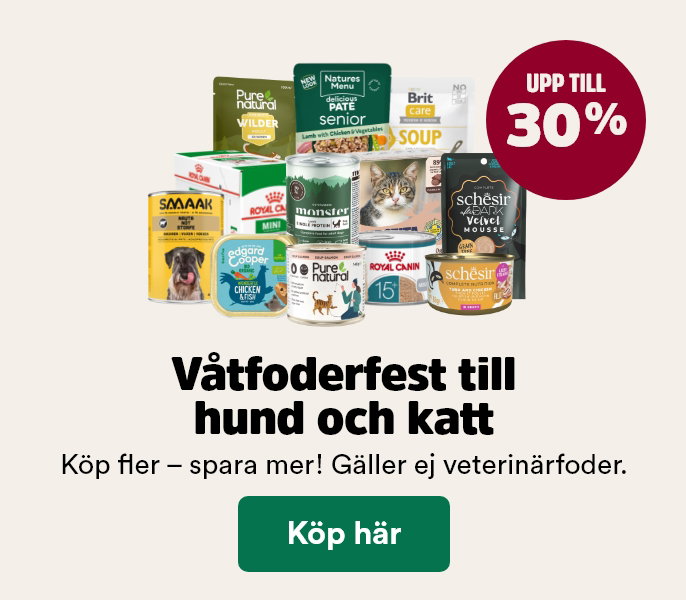 V&aring;tfoderfest med upp till 30% rabatt p&aring; v&aring;tfoder till hund och katt t o m 28/6 - visa produkter